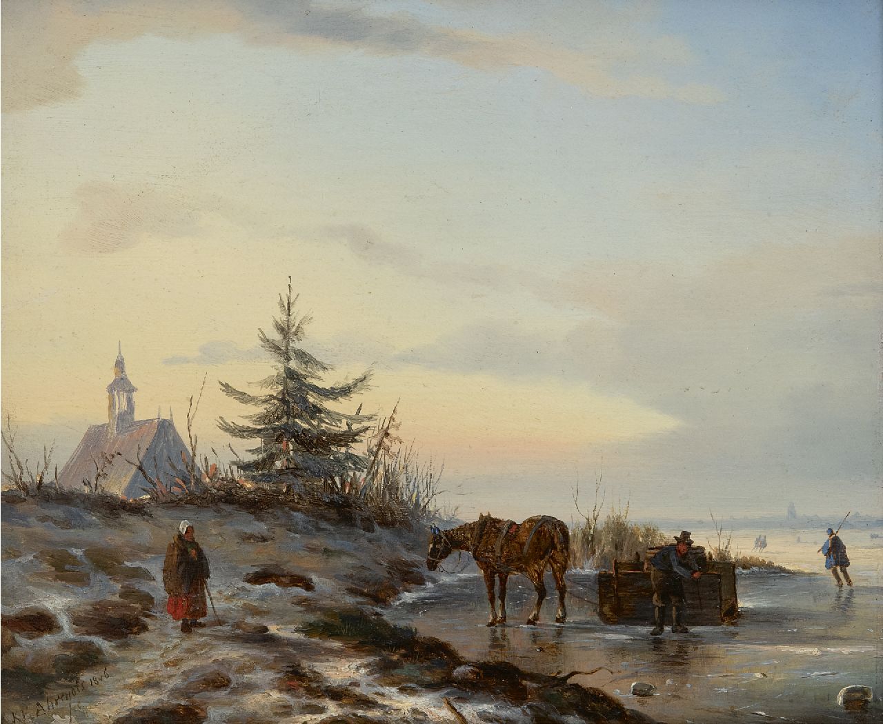 Ahrendts C.E.  | Carl Eduard Ahrendts, Paard en slee op het ijs, olieverf op paneel 27,8 x 24,4 cm, gesigneerd linksonder en gedateerd 1846