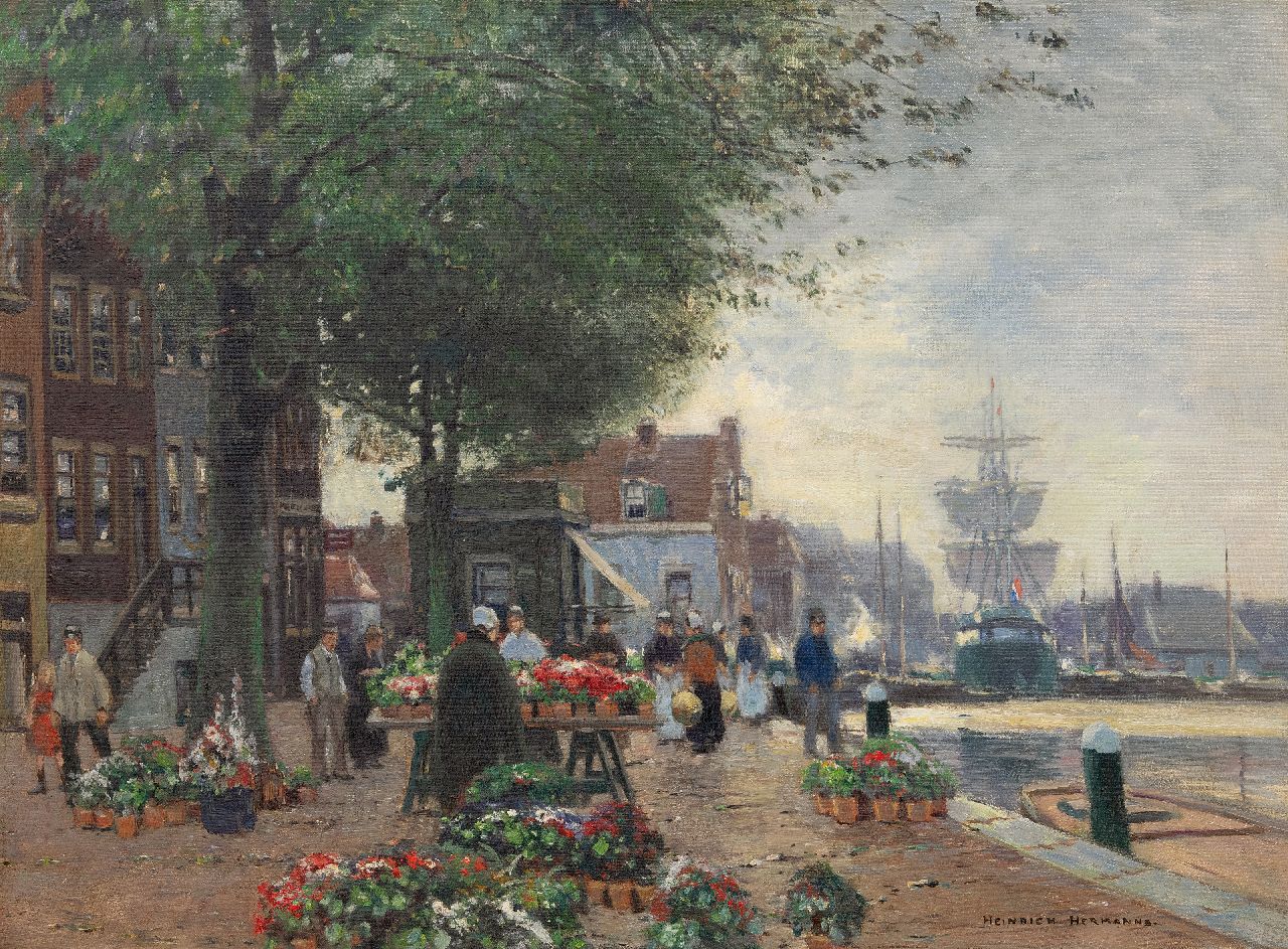 Hermanns H.  | Heinrich Hermanns | Schilderijen te koop aangeboden | Bloemenmarkt op een havenkade, olieverf op doek 60,8 x 81,3 cm, gesigneerd rechtsonder