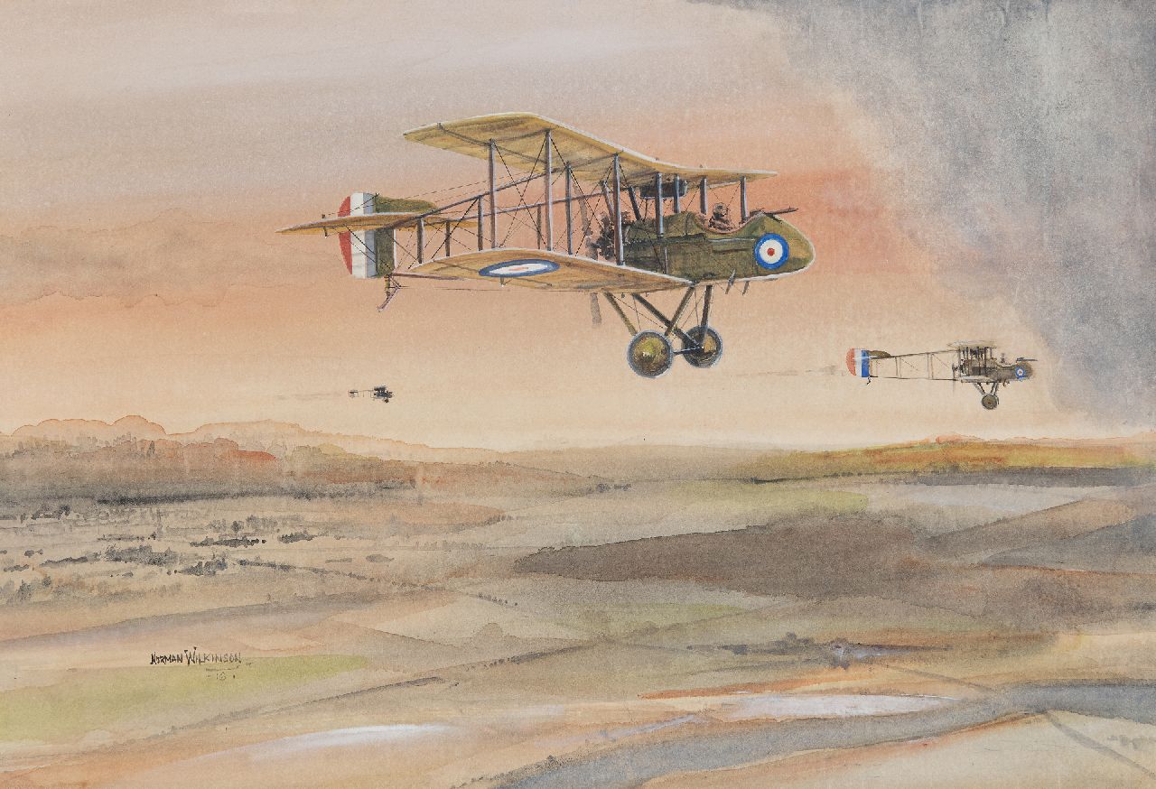 Norman Wilkinson | Britse jachtvliegtuigen boven de Somme, Frankrijk, voorop L. Hawker, aquarel op papier op board, 27,9 x 40,8 cm, gesigneerd l.o. en gedateerd '16