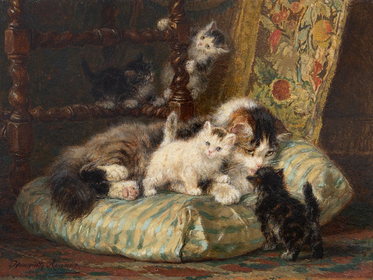 Ronner-Knip H.  | Henriette Ronner-Knip, Moederpoes met vier spelende kittens, olieverf op paneel 24,5 x 32,6 cm, gesigneerd linksonder
