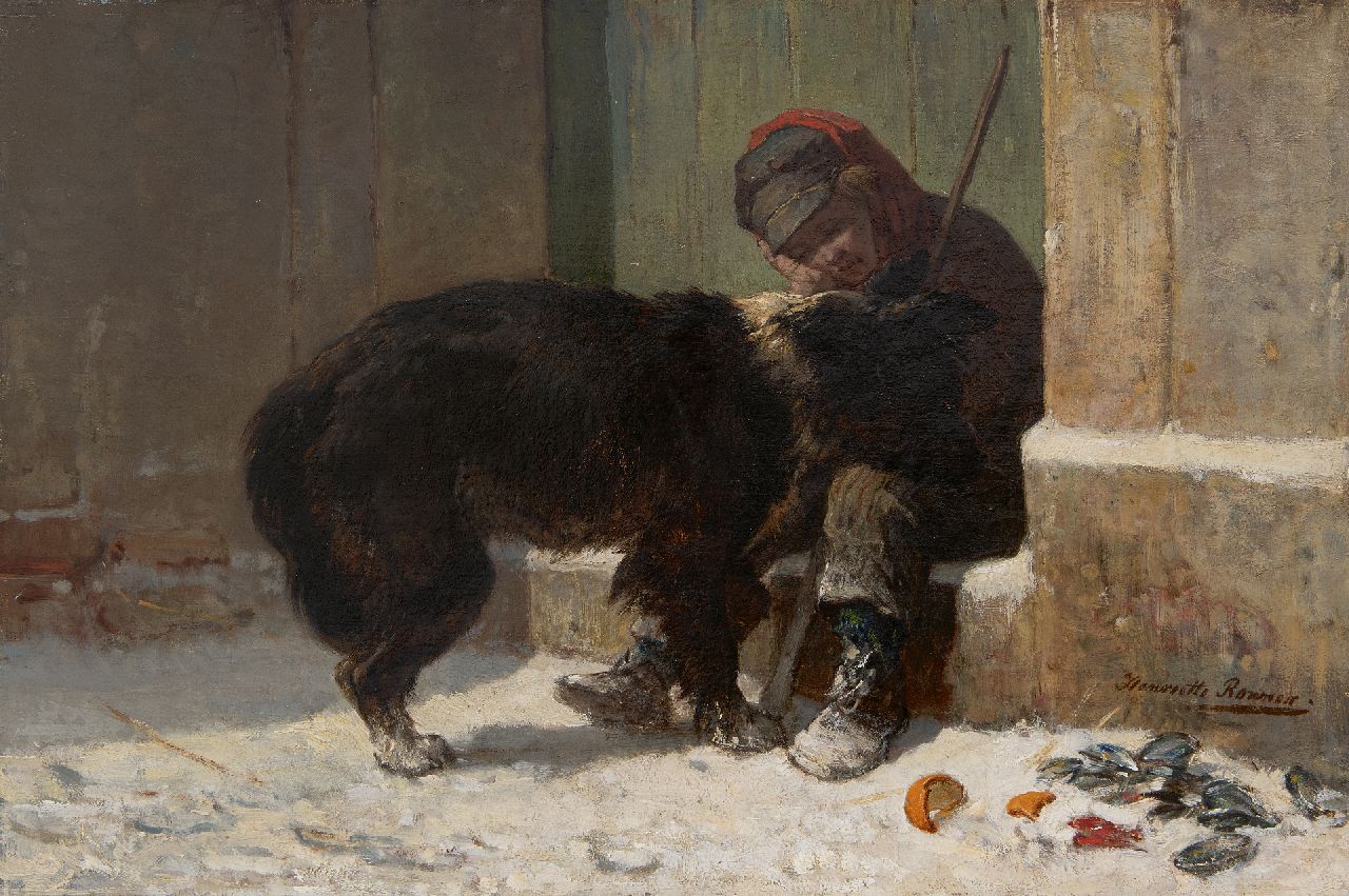 Ronner-Knip H.  | Henriette Ronner-Knip | Schilderijen te koop aangeboden | Jongen met zijn hond in de sneeuw, olieverf op doek 38,0 x 56,5 cm, gesigneerd rechtsonder
