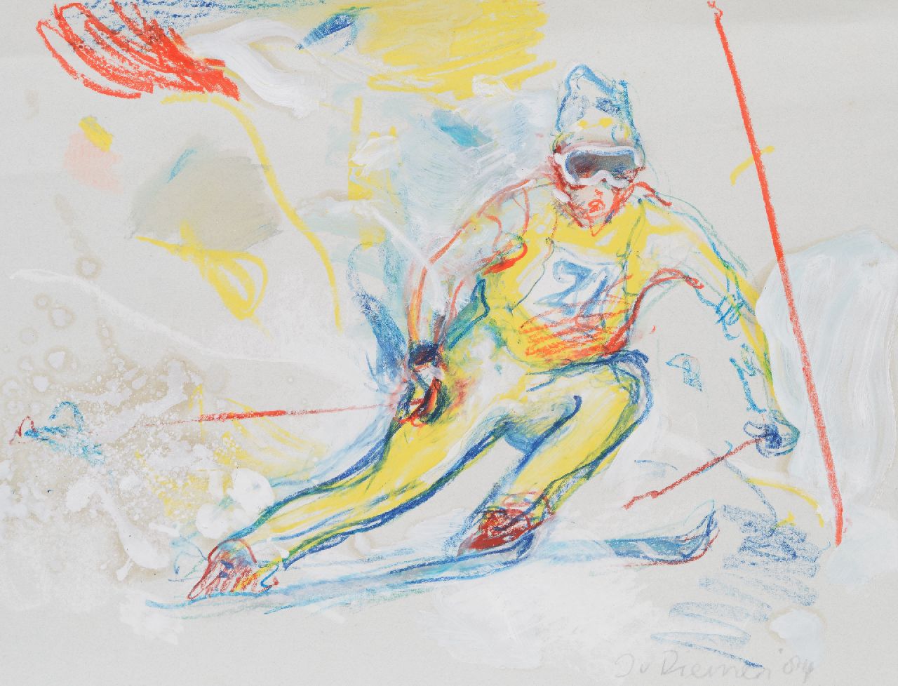 Diemen J. van | Jan van Diemen | Aquarellen en tekeningen te koop aangeboden | Slalom skiër, gouache en krijt op papier 50,0 x 65,0 cm, gesigneerd rechtsonder en gedateerd '84