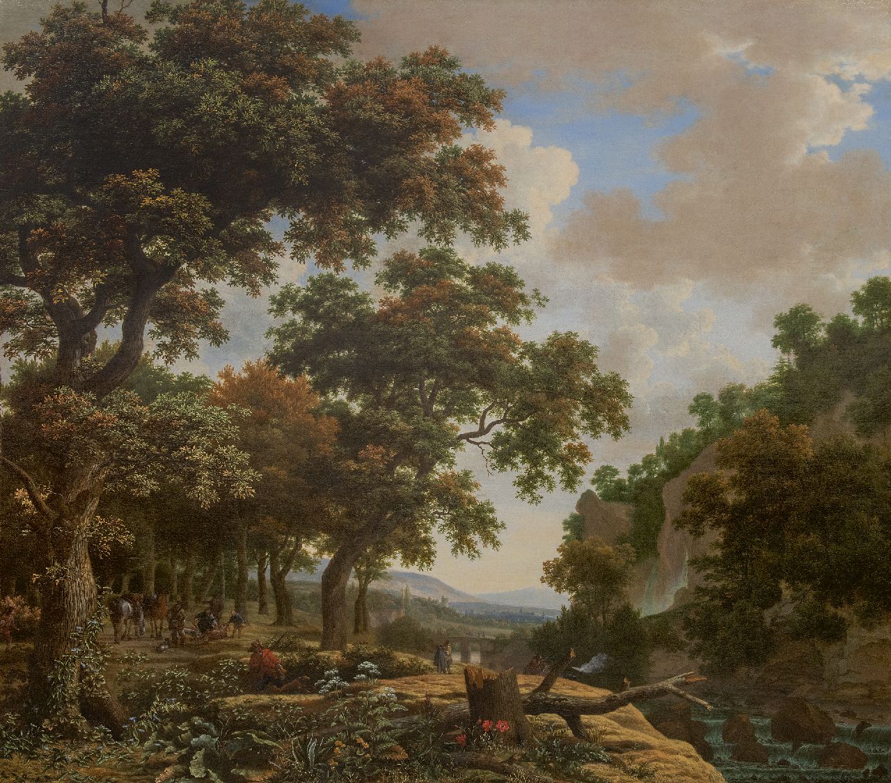 Joris van der Haagen | Weids boslandschap met jagers, olieverf op doek, 132,5 x 150,5 cm