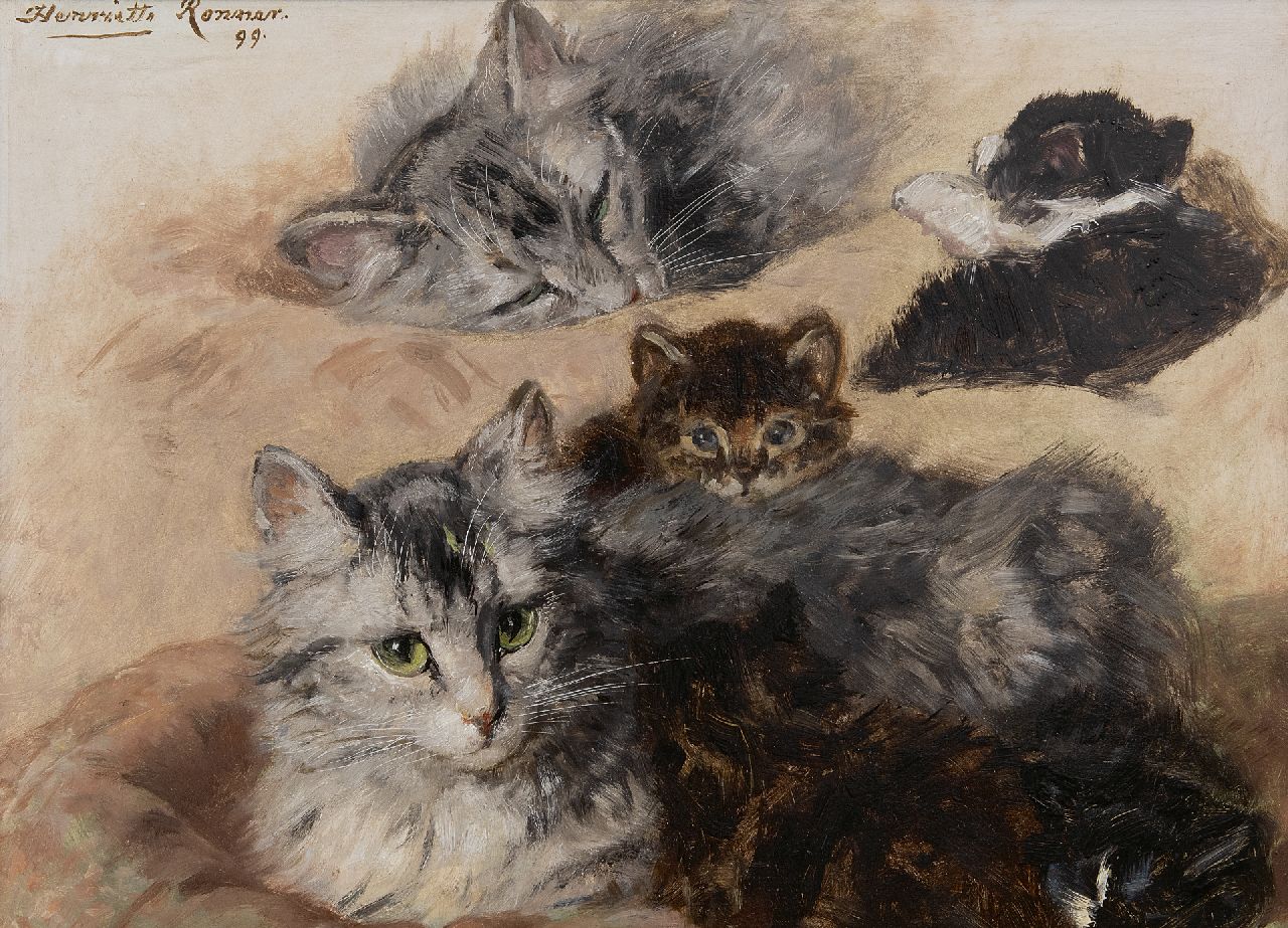 Ronner-Knip H.  | Henriette Ronner-Knip | Schilderijen te koop aangeboden | Studie van poes en kittens, olieverf op paneel 27,7 x 37,4 cm, gesigneerd linksboven en gedateerd '99