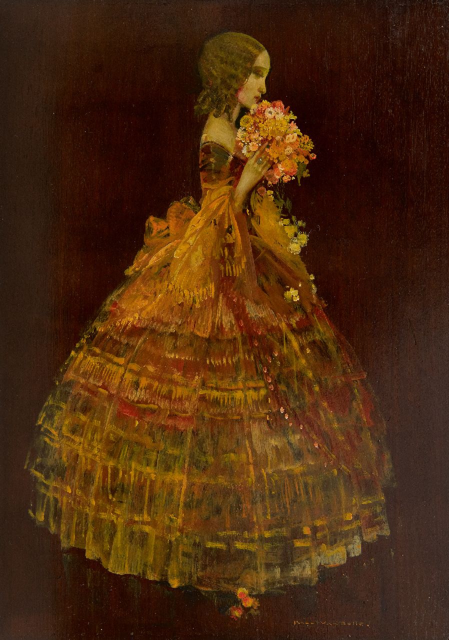 Belle K. van | Karel van Belle | Schilderijen te koop aangeboden | Vrouw in gele baljurk, olieverf op paneel 41,8 x 29,6 cm, gesigneerd rechtsonder