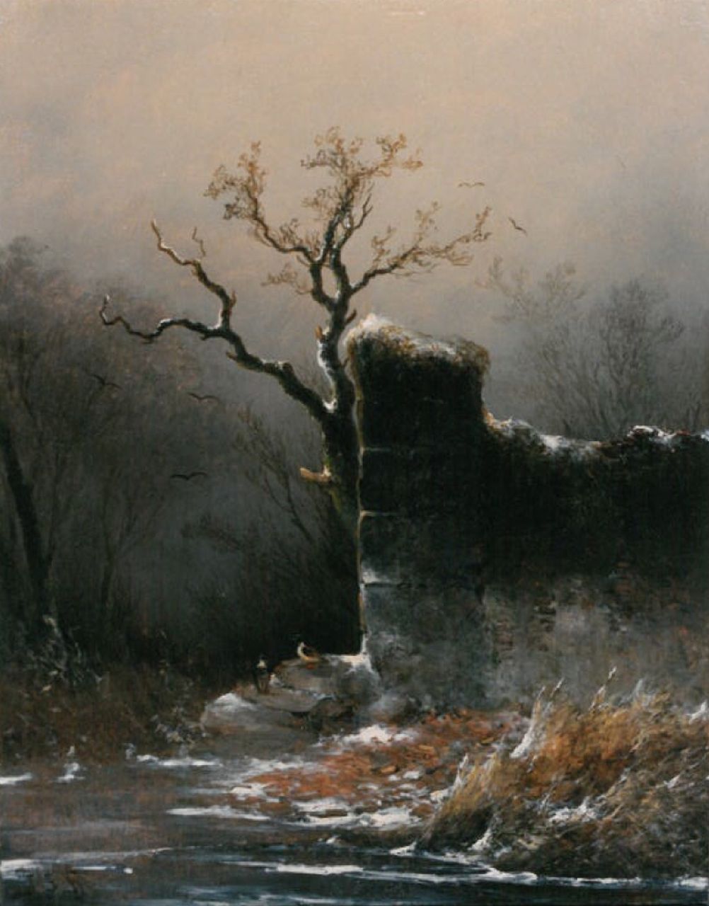 Hoppenbrouwers J.F.  | Johannes Franciscus Hoppenbrouwers, Winterlandschap met ruine, olieverf op paneel 27,3 x 21,5 cm, gesigneerd linksonder mon