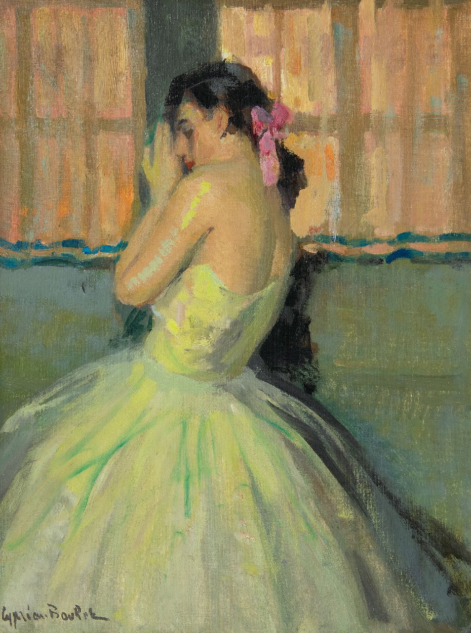 Boulet C.E.  | Cyprien Eugène Boulet | Schilderijen te koop aangeboden | Ballerina met roze haarstrik, olieverf op doek 61,1 x 46,1 cm, gesigneerd linksonder