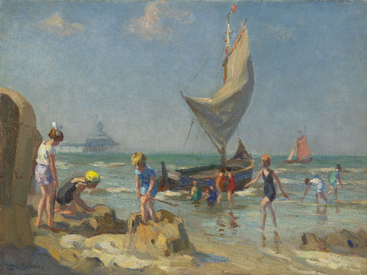 Soonius L.  | Lodewijk 'Louis' Soonius, Kinderen op het strand van Scheveningen, olieverf op doek 30,2 x 40,2 cm, gesigneerd linksonder