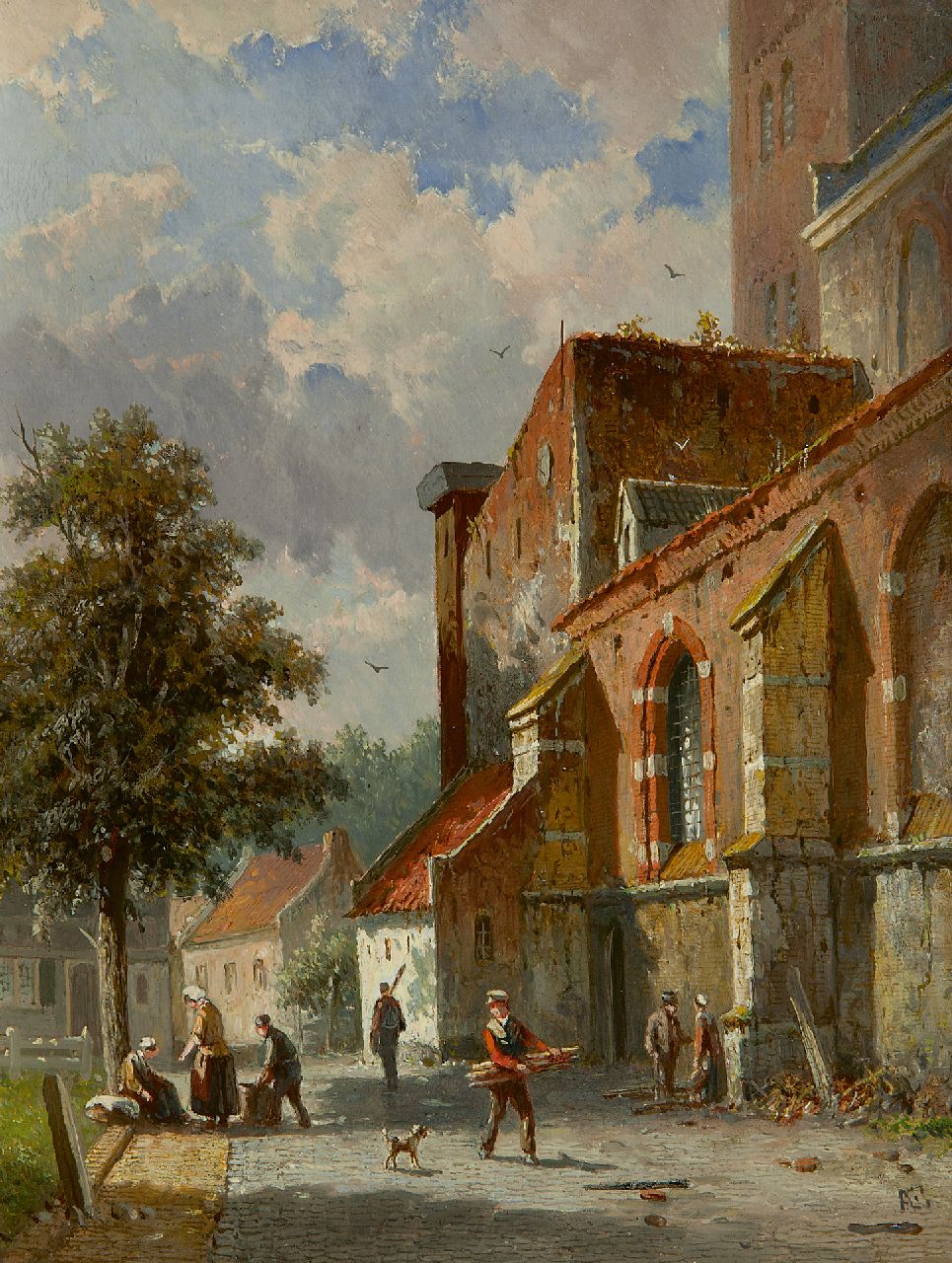 Eversen A.  | Adrianus Eversen | Schilderijen te koop aangeboden | Zonnig straatje achter de kerk, olieverf op paneel 27,0 x 20,8 cm, gesigneerd rechtsonder met monogram