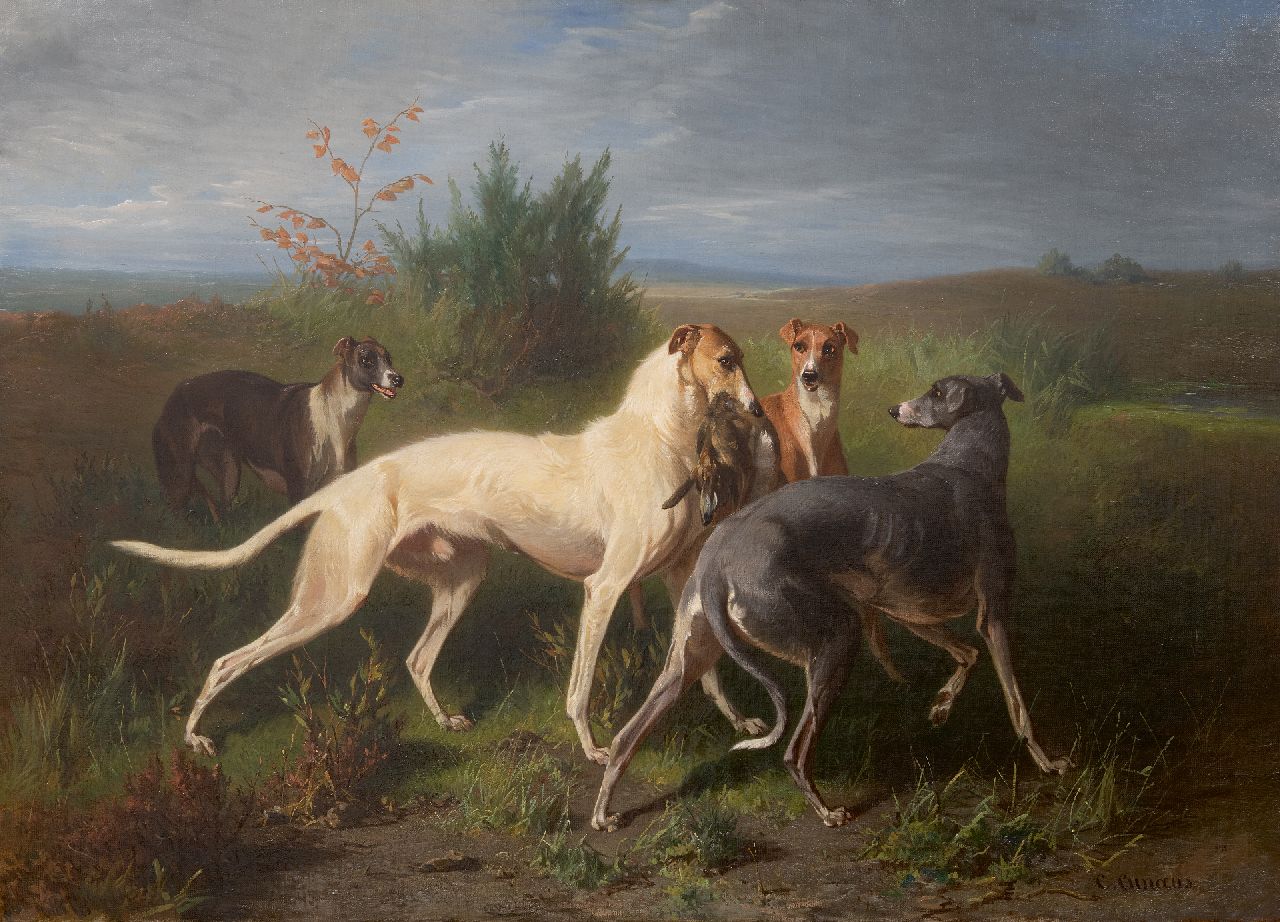 Conradijn Cunaeus | Jachthonden met een prooi, olieverf op doek, 65,2 x 90,2 cm, gesigneerd r.o.
