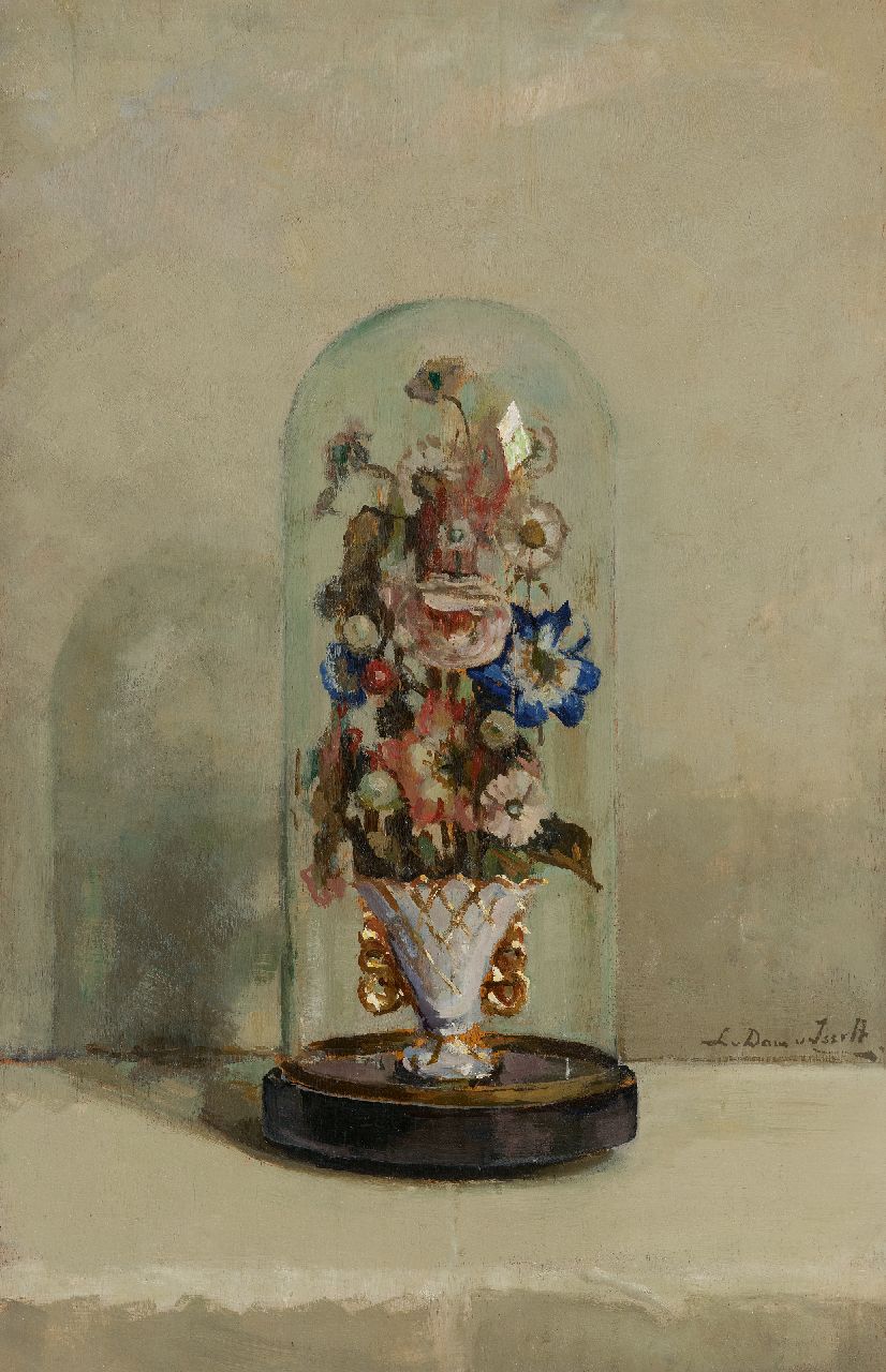 Dam van Isselt L. van | Lucie van Dam van Isselt | Schilderijen te koop aangeboden | Bloemen onder glazen stolp, olieverf op paneel 59,9 x 38,8 cm, gesigneerd rechtsonder