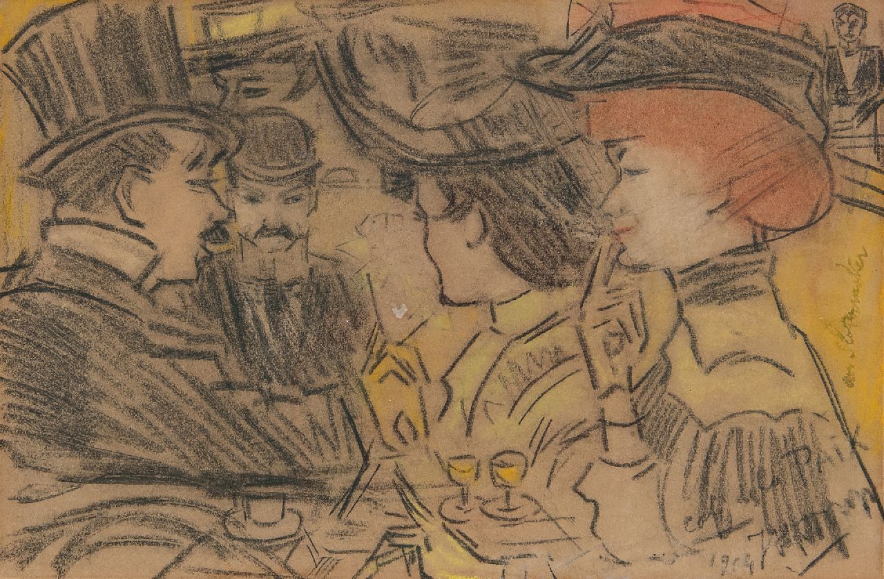 Toorop J.Th.  | Johannes Theodorus 'Jan' Toorop | Aquarellen en tekeningen te koop aangeboden | Elegant gezelschap in Café de la Paix, Parijs, zwart en gekleurd krijt op papier 14,6 x 22,1 cm, gesigneerd rechtsonder en gedateerd 1904