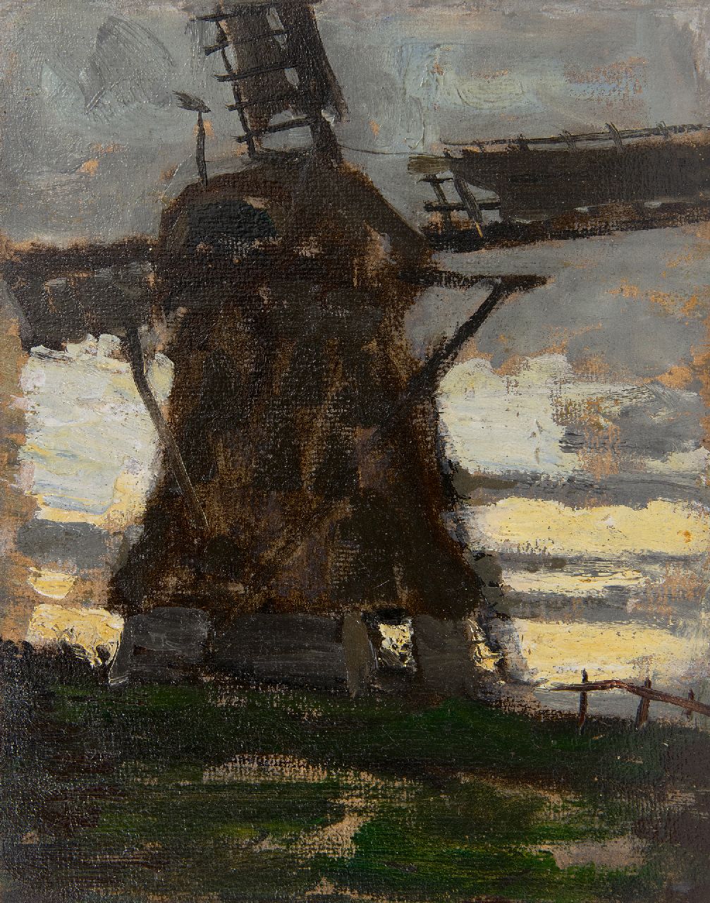Carel Lodewijk Dake (jr.) | Molen bij ondergaande zon, olieverf op schildersboard, 22,4 x 17,6 cm