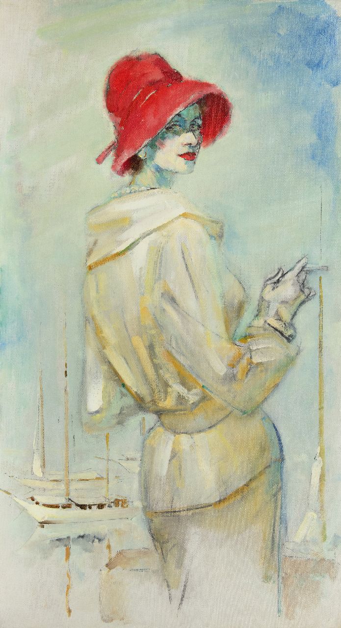 Kruizinga D.  | Dirk Kruizinga | Schilderijen te koop aangeboden | Modieuze vrouw met rode hoed, olieverf op doek 109,8 x 60,3 cm