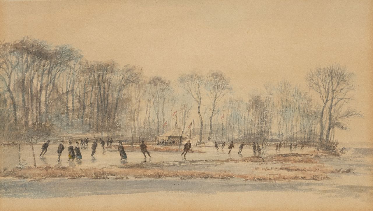 Pieter van Borselen | Schaatsers op ondergelopen uiterwaarden, potlood en aquarel op papier, 17,1 x 27,1 cm