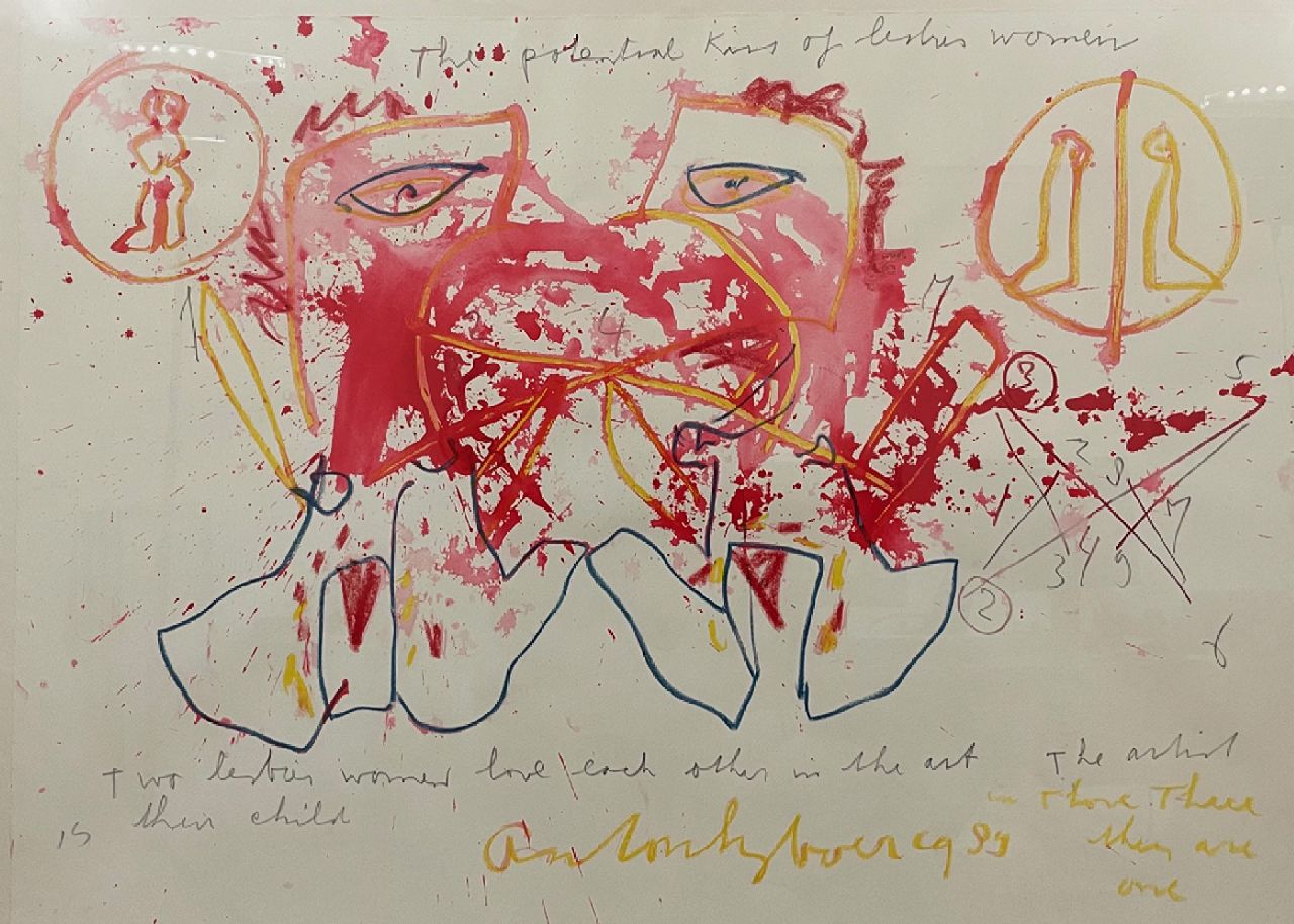 Heyboer A.  | Anton Heyboer | Aquarellen en tekeningen te koop aangeboden | The potential kiss of lesbian women, potlood, krijt en aquarel op papier 78,4 x 107,5 cm, gesigneerd middenonder en gedateerd 1989