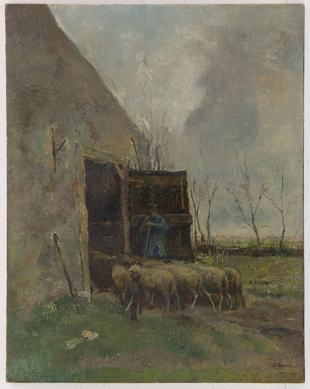 Mauve A.  | Anthonij 'Anton' Mauve | Schilderijen te koop aangeboden | Schapen en herder bij de schuur, olieverf op paneel 46,1 x 36,2 cm, gesigneerd rechtsonder