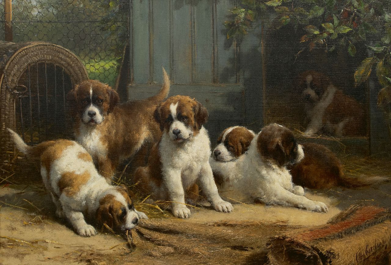Eerelman O.  | Otto Eerelman, Sint-Bernard puppies, olieverf op doek 90,0 x 130,0 cm, gesigneerd linksonder