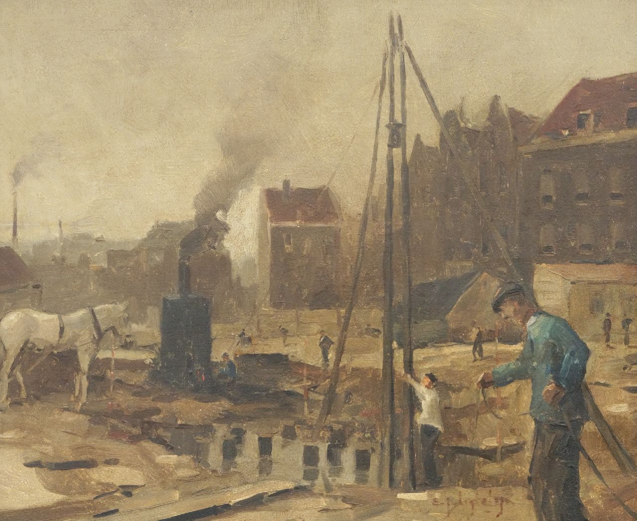 Ligtelijn E.J.  | Evert Jan Ligtelijn, Bouwput in Amsterdam, olieverf op paneel 39,8 x 47,9 cm, gesigneerd rechtsonder