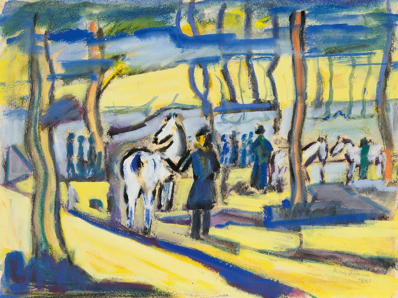 Karel Arkema | Figuren en paarden in gekleurd landschap, gouache op papier, 37,5 x 49,7 cm, gesigneerd r.o. en gedateerd 1955