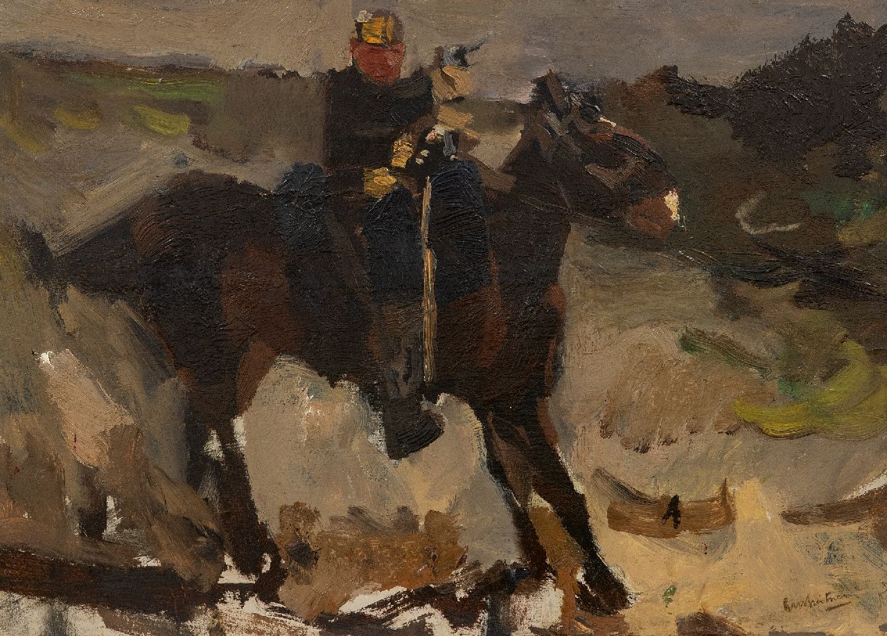 Breitner G.H.  | George Hendrik Breitner | Schilderijen te koop aangeboden | Huzaar te paard, olieverf op paneel 30,8 x 42,2 cm, gesigneerd rechtsonder