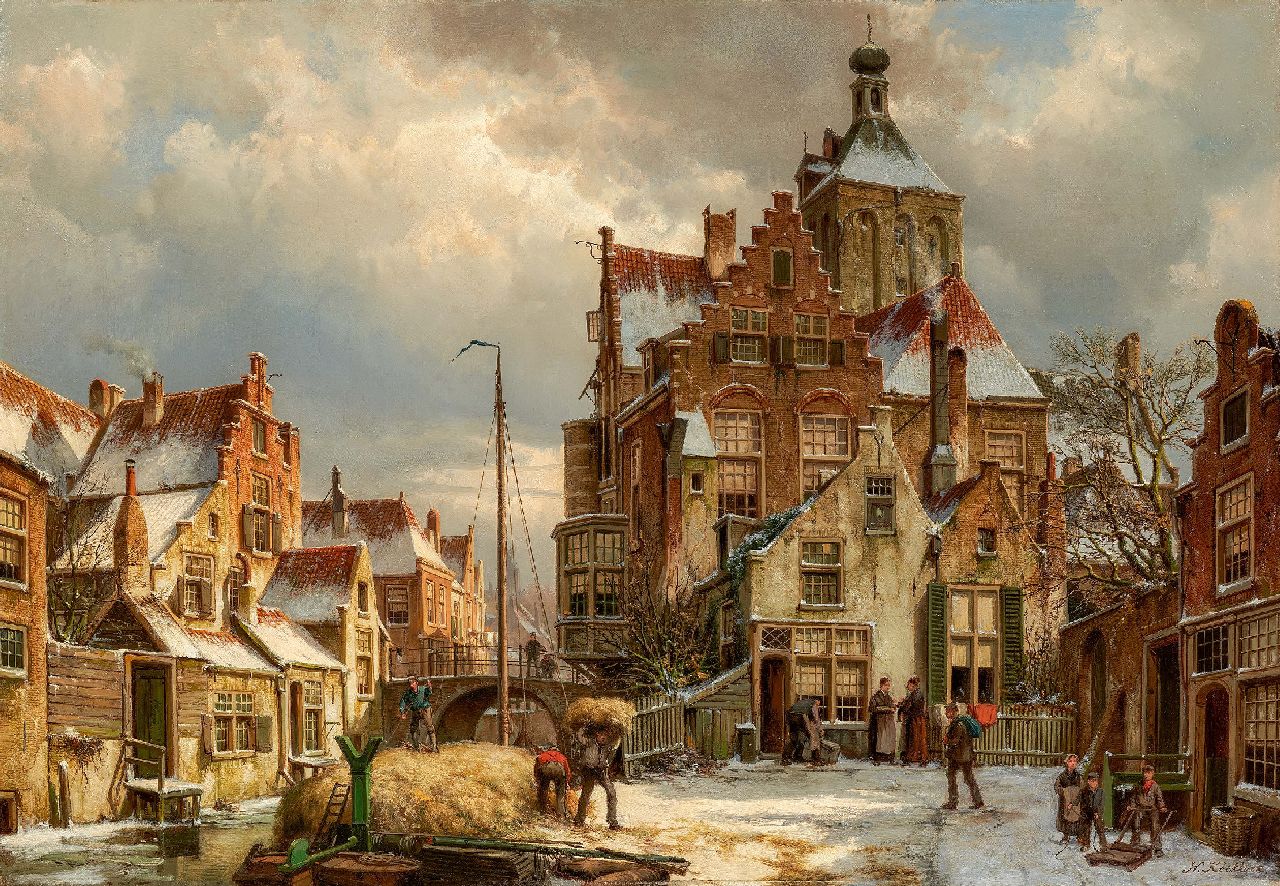 Koekkoek W.  | Willem Koekkoek, Winters stadsgezicht op Culemborg, olieverf op doek 86,5 x 125,3 cm, gesigneerd rechtsonder