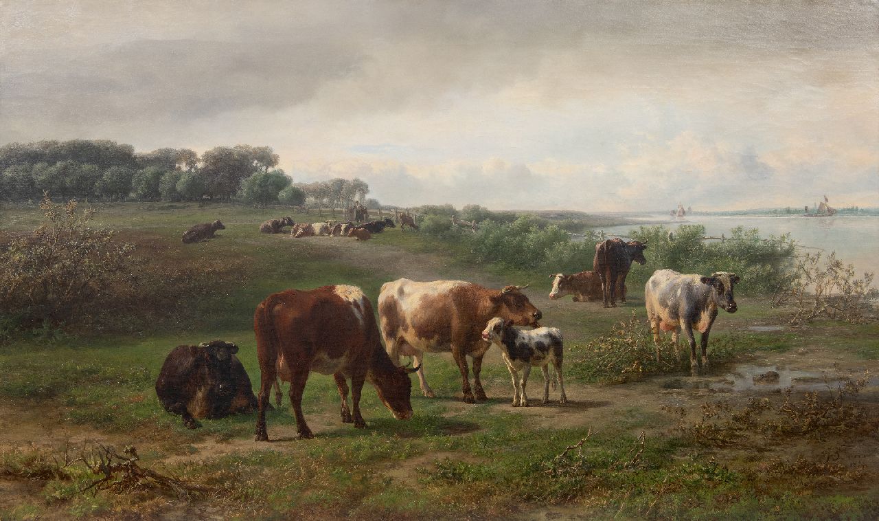 Tom J.B.  | Jan Bedijs Tom | Schilderijen te koop aangeboden | Koeien langs een rivier, mogelijk de Rijn in Gelderland, olieverf op doek 72,3 x 122,5 cm, gesigneerd rechtsonder en gedateerd 1874
