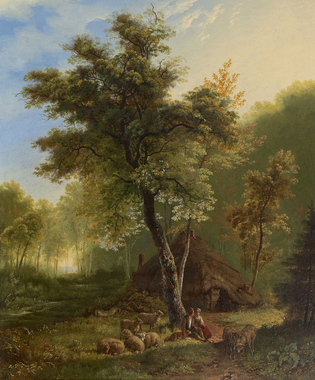 Bodeman W.  | Willem Bodeman | Schilderijen te koop aangeboden | Herderspaar met schapen bij een hut, olieverf op paneel 58,6 x 49,0 cm, gesigneerd middenonder en gedateerd 1856