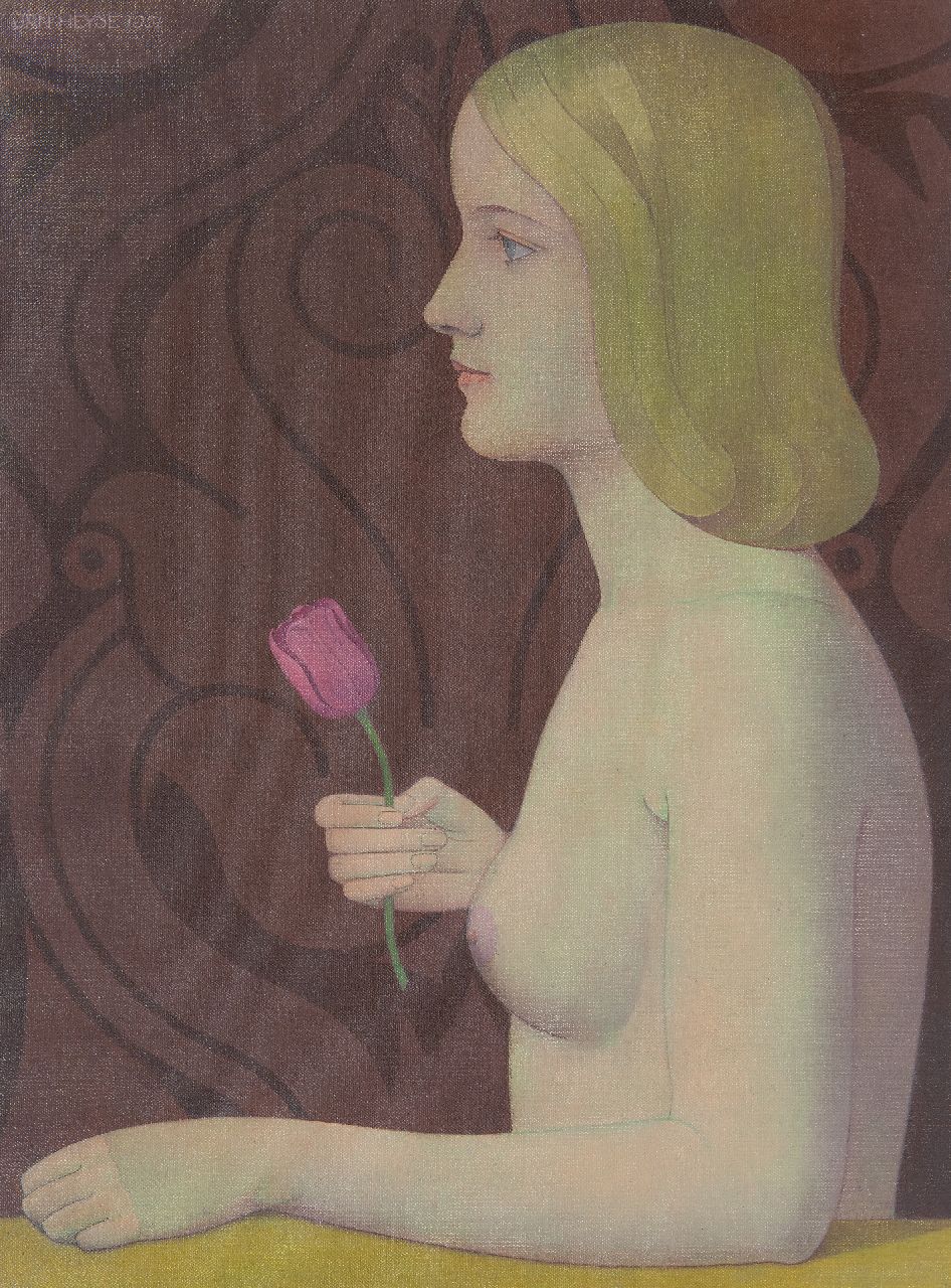 Heyse J.  | Jan Heyse | Schilderijen te koop aangeboden | Naakt met een tulp, olieverf op doek op board 54,6 x 40,3 cm, gesigneerd linksboven en gedateerd 1951