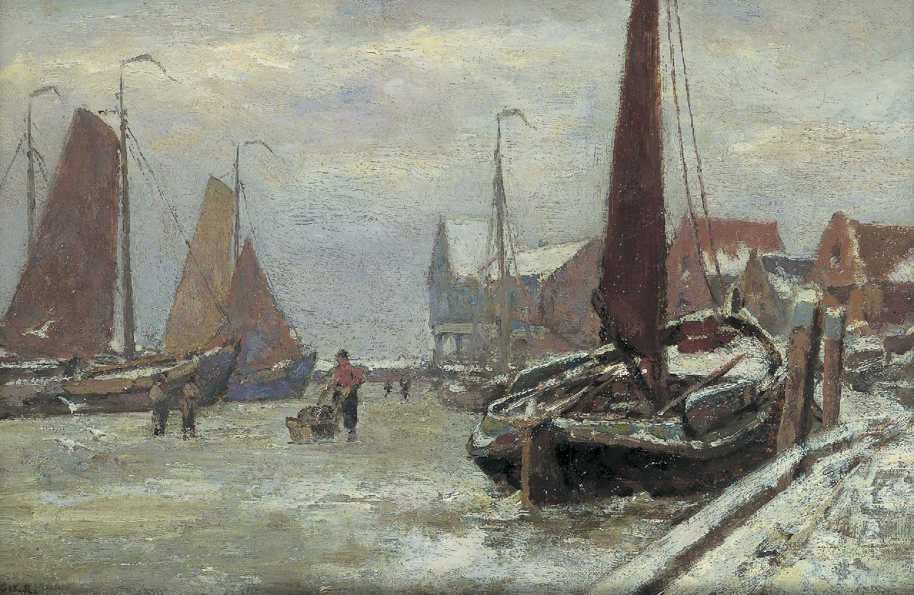 Koekkoek G.J. | Gerardus Johannes 'Gerard' Koekkoek, De haven van Volendam bij winter, olieverf op doek 20,1 x 30,0 cm, gesigneerd linksonder Koekkoek G.J. | Gerardus Johannes 'Gerard' Koekkoek, De haven van Volendam bij winter, olieverf op doek 20,1 x 30,0 cm, gesigneerd linksonder