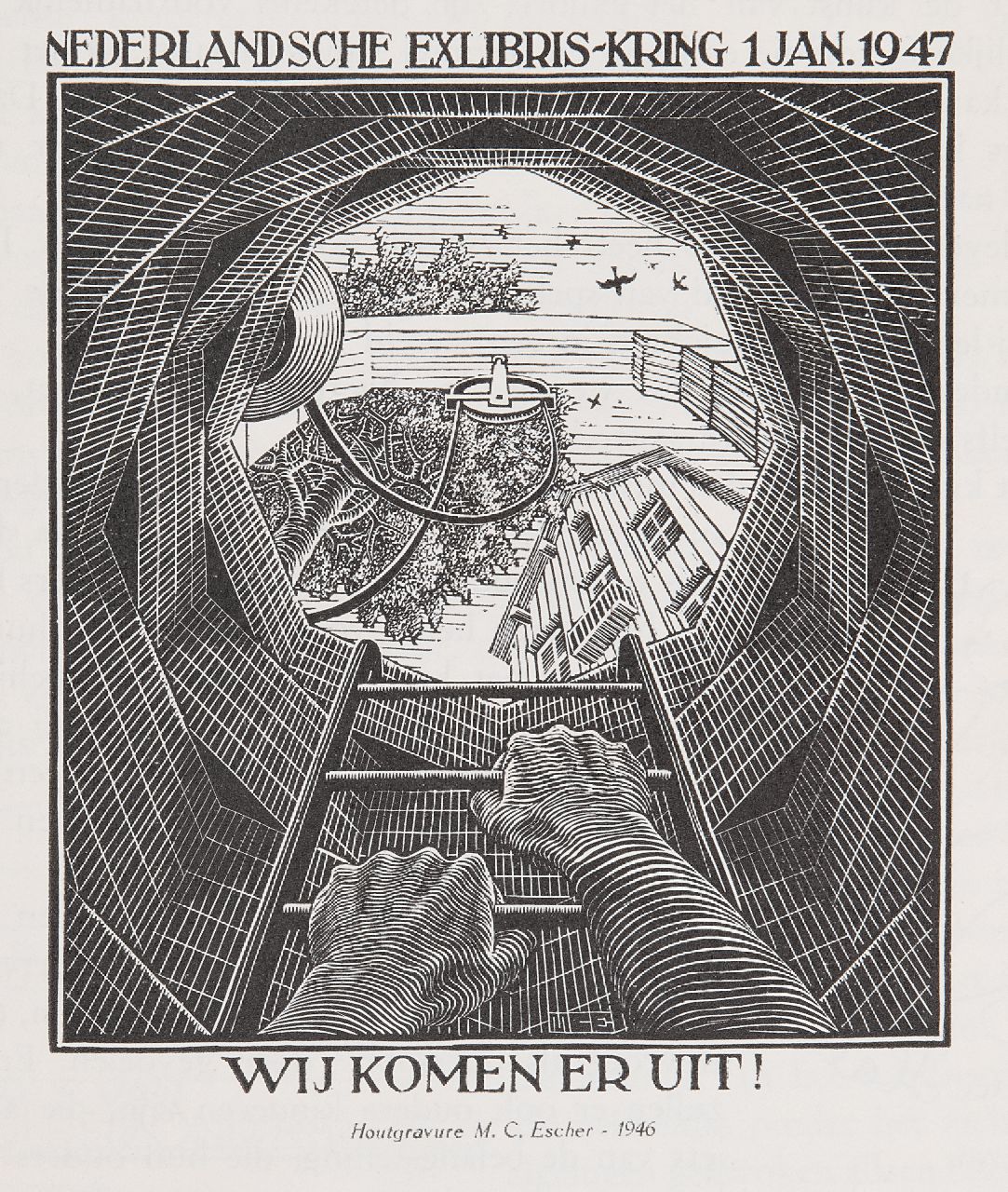Escher M.C.  | 'Maurits' Cornelis Escher | Grafiek te koop aangeboden | Wij komen er uit! Illustratie in Gedenkboek Nederlandsche Exlibris-Kring, 1947, houtgravure 12,0 x 10,0 cm