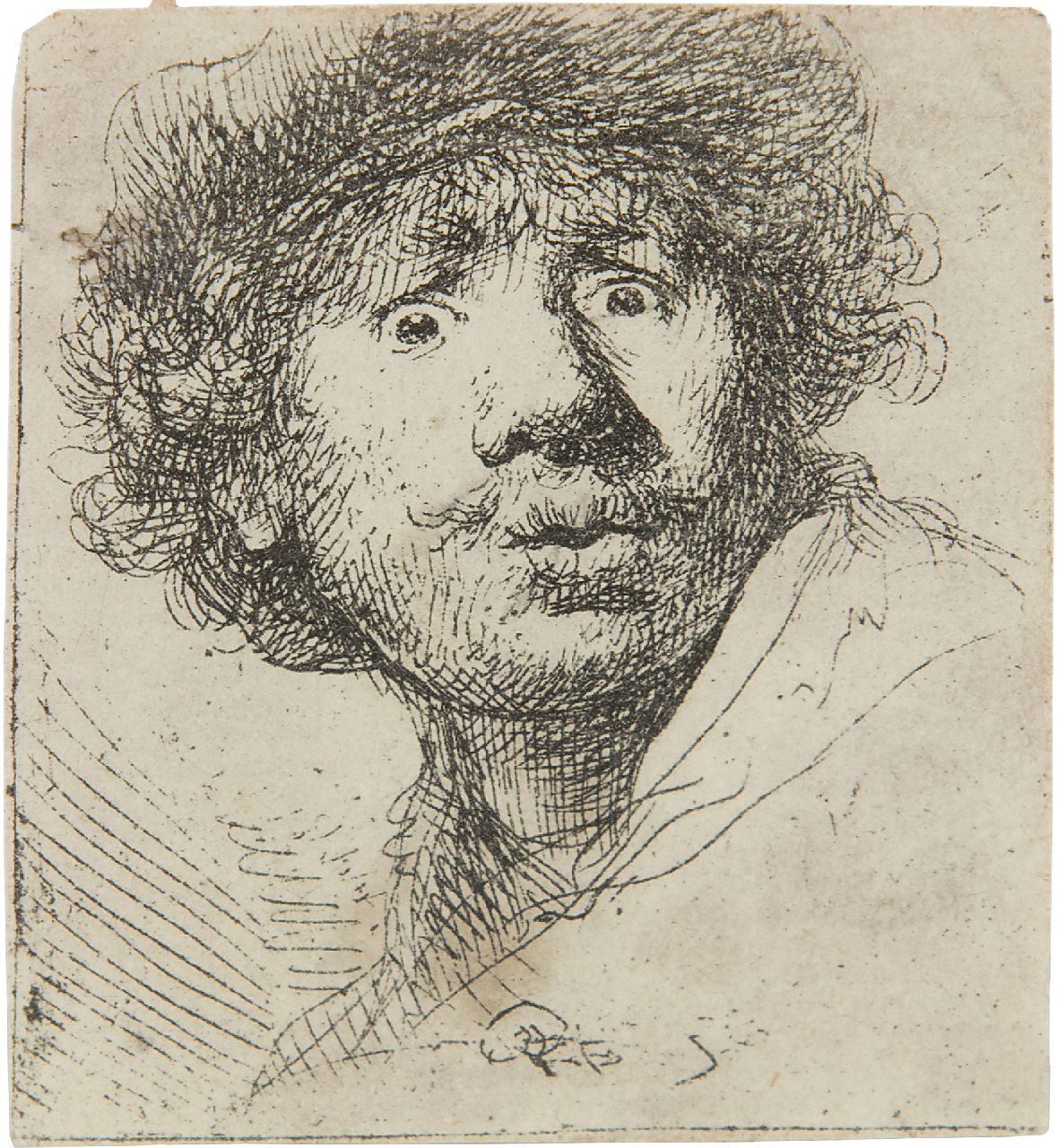 Rembrandt (Rembrandt Harmensz. van Rijn)   | Rembrandt (Rembrandt Harmensz. van Rijn) | Grafiek te koop aangeboden | Zelfportret met baret, wijd open ogen en open mond, ets 4,9 x 4,3 cm, gesigneerd middenonder (in de plaat) en gedateerd 1630