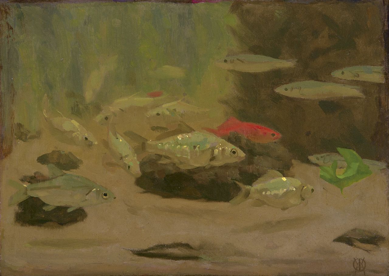 Dijsselhof G.W.  | Gerrit Willem Dijsselhof, Vissen in het aquarium van Artis, olieverf op doek 28,7 x 39,9 cm, gesigneerd rechtsonder met monogram