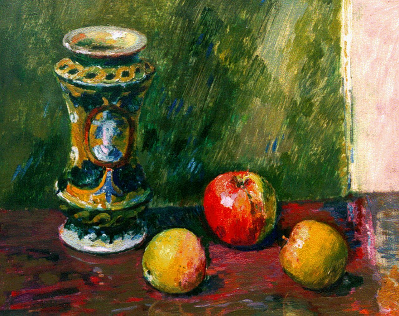 Wiegers J.  | Jan Wiegers, Stilleven van vaas met drie appels, olieverf op doek 40,5 x 50,5 cm, gesigneerd rechts van het midden