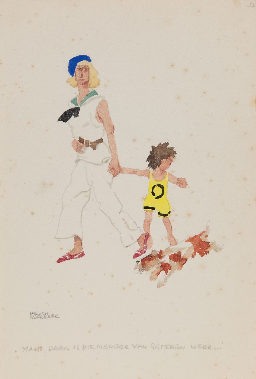 Moerkerk H.A.J.M. | Hermanus Antonius Josephus Maria 'Herman' Moerkerk | Aquarellen en tekeningen te koop aangeboden | 'Mams, daar is die meneer van gisteren weer ...', potlood en aquarel op papier 25,5 x 17,3 cm, gesigneerd linksonder Moerkerk H.A.J.M. | Hermanus Antonius Josephus Maria 'Herman' Moerkerk | Aquarellen en tekeningen te koop aangeboden | 'Mams, daar is die meneer van gisteren weer ...', potlood en aquarel op papier 25,5 x 17,3 cm, gesigneerd linksonder