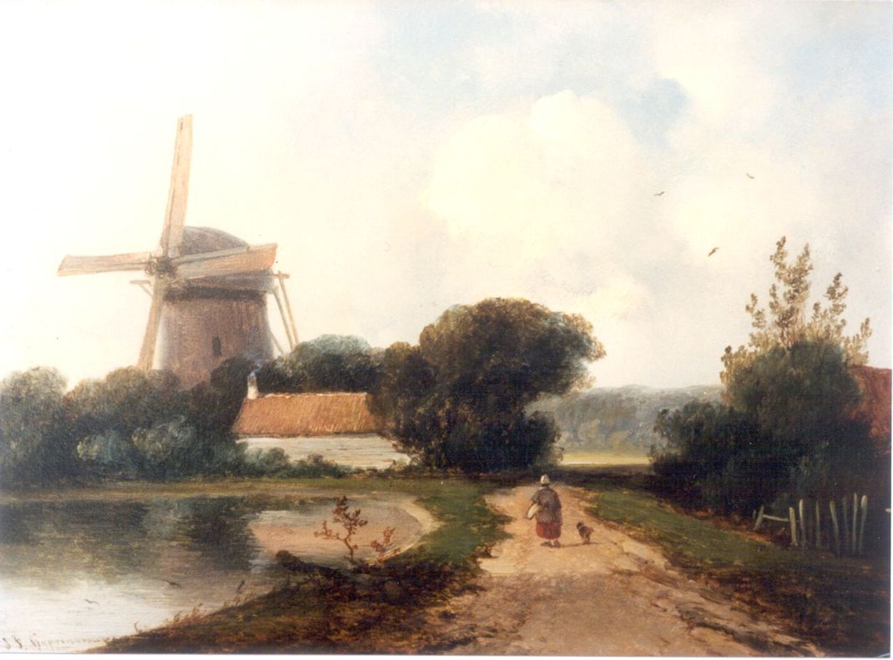 Hoppenbrouwers J.F.  | Johannes Franciscus Hoppenbrouwers, Zomerlandschap met molen langs een vaart, olieverf op paneel 24,0 x 27,9 cm, gesigneerd linksonder