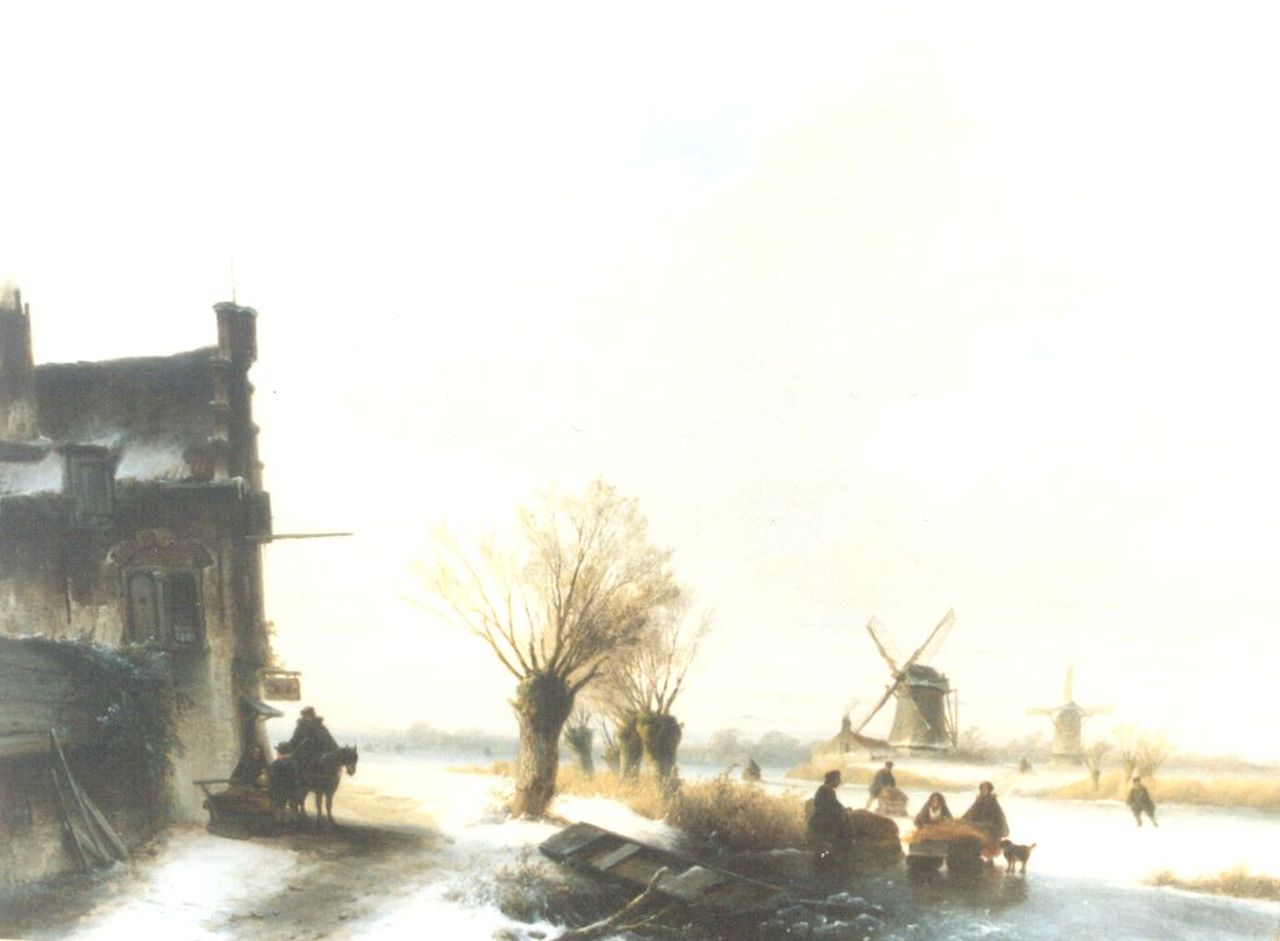 Hoppenbrouwers J.F. | Johannes Franciscus Hoppenbrouwers, Winterse vaart met schaatsers en houtsprokkelaar, olieverf op paneel 51,3 x 68,3 cm, gesigneerd linksonder Hoppenbrouwers J.F. | Johannes Franciscus Hoppenbrouwers, Winterse vaart met schaatsers en houtsprokkelaar, olieverf op paneel 51,3 x 68,3 cm, gesigneerd linksonder