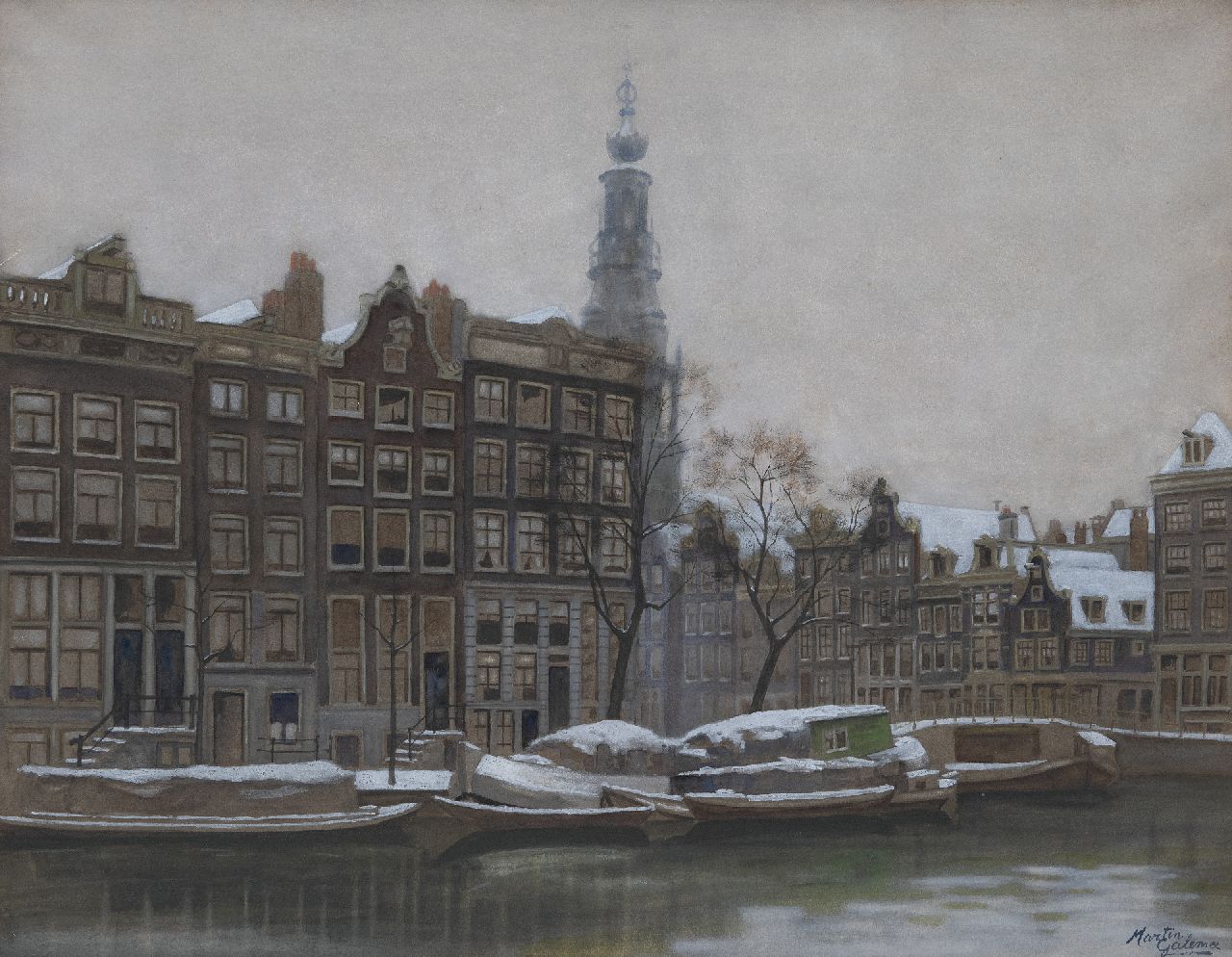 Galema A.  | Arjen Galema | Aquarellen en tekeningen te koop aangeboden | Amsterdam in de winter, met uitzicht op de Zuiderkerkstoren, aquarel op papier 52,0 x 66,5 cm, gesigneerd rechtsonder en zonder lijst