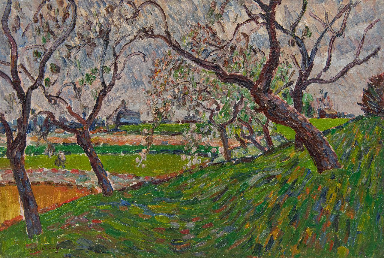 Jan van Anrooij | Landschap met bloesembomen, olieverf op doek, 24,7 x 36,0 cm, gesigneerd l.o.