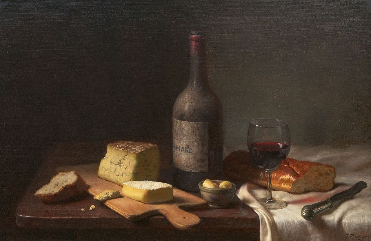 Eversen J.H.  | Johannes Hendrik 'Jan' Eversen | Schilderijen te koop aangeboden | Stilleven met wijn, kaas en brood, olieverf op doek 40,9 x 61,4 cm, gesigneerd rechtsonder en gedateerd 1978
