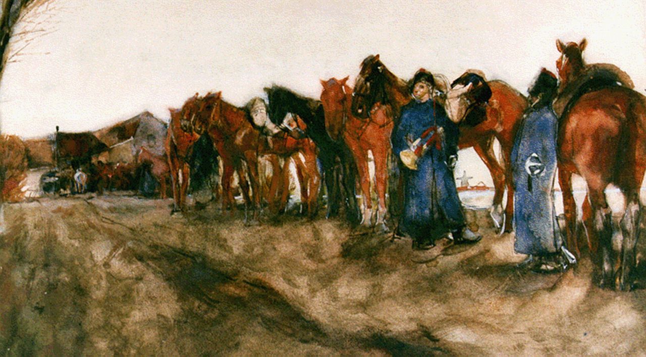 Breitner G.H.  | George Hendrik Breitner, Afgestegen cavalerie, aquarel op papier 34,4 x 53,6 cm, gesigneerd rechtsonder