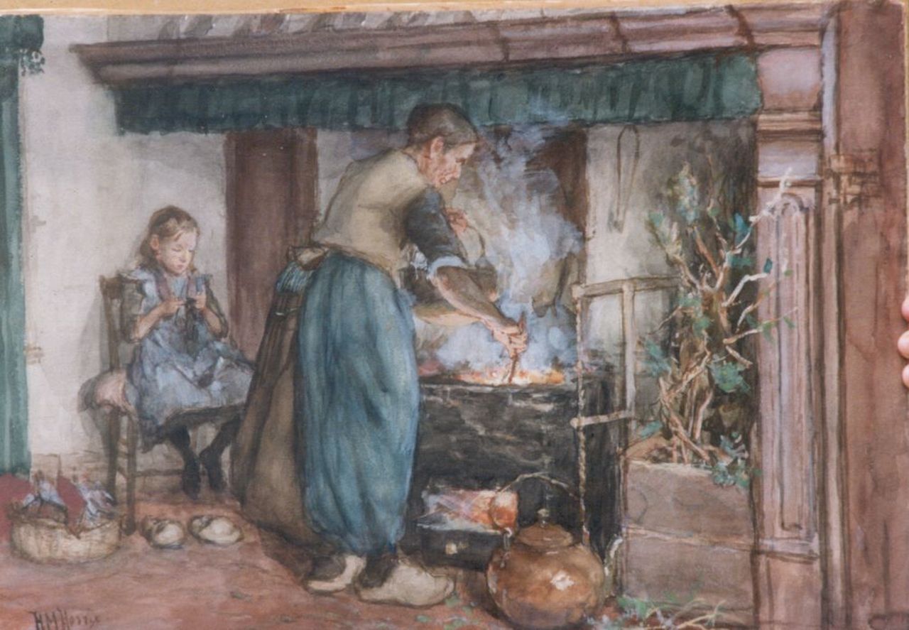 Horrix H.M.  | Hendrikus Matheus 'Mathieu' Horrix, Vrouw en kind bij de kookpot, aquarel op papier 38,5 x 56,0 cm, gesigneerd linksonder