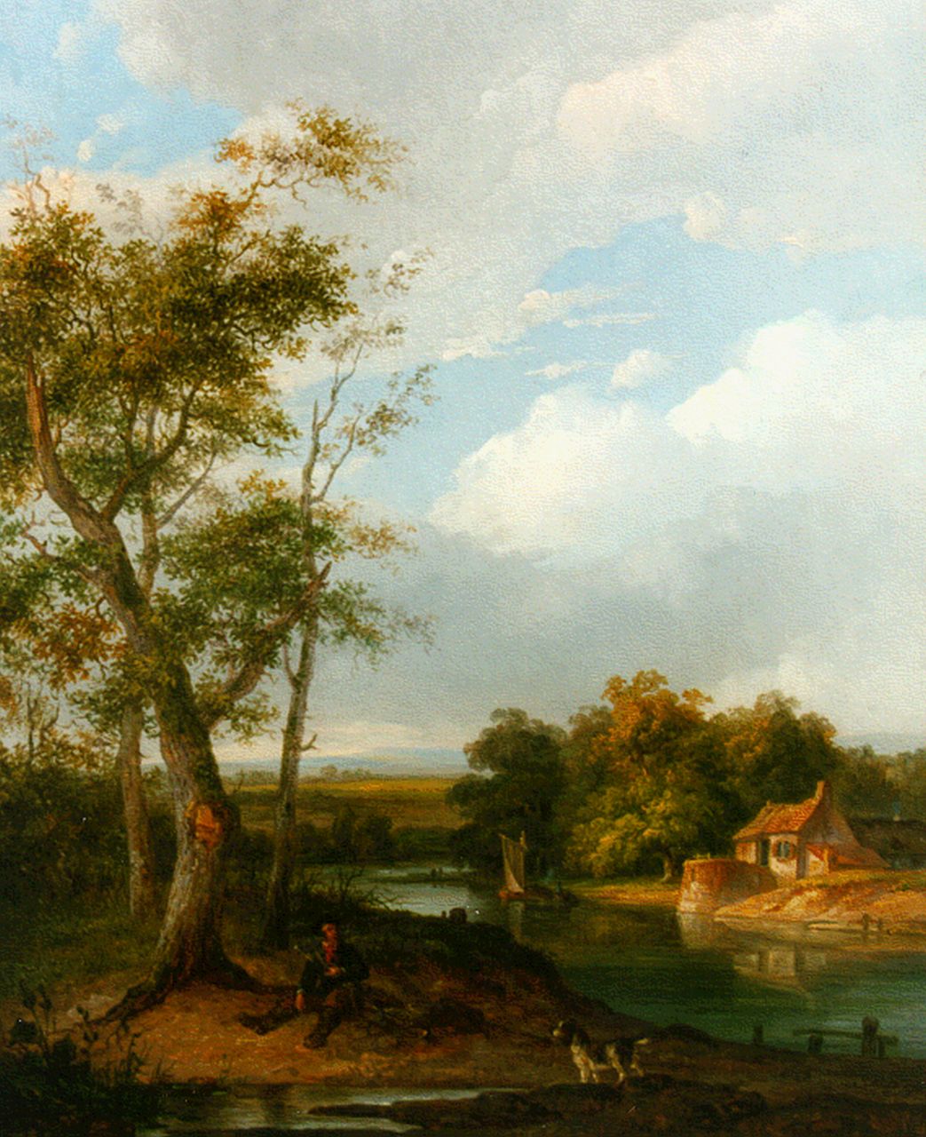 Burgh P.D. van der | Pieter Daniel van der Burgh, Rustende jager langs rivieroever, olieverf op paneel 27,5 x 21,9 cm, gesigneerd rechtsonder