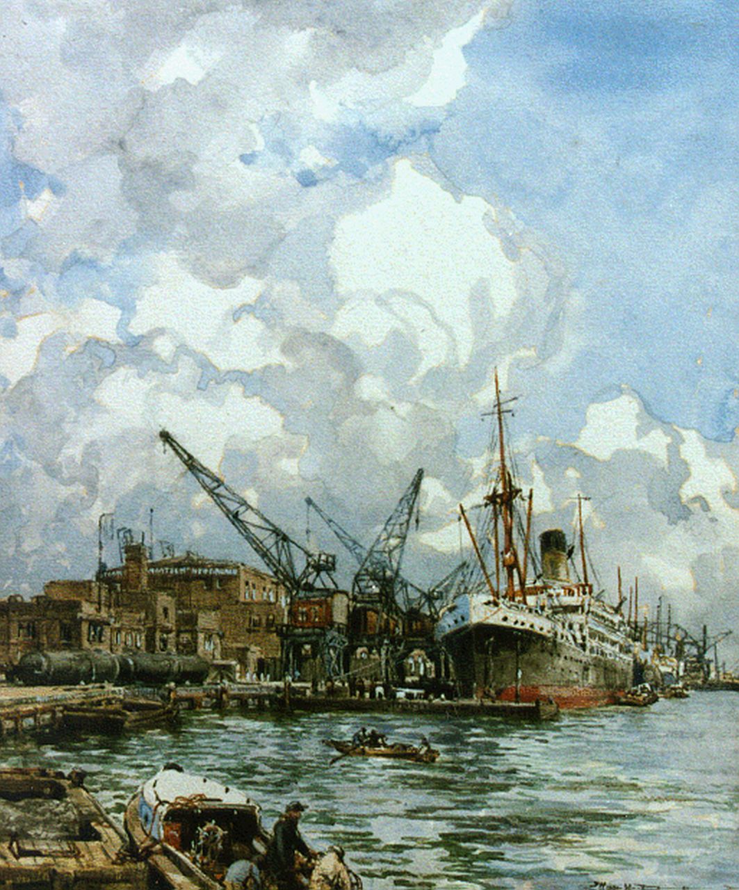 Mastenbroek J.H. van | Johan Hendrik van Mastenbroek, Hefkranen op de Handelskade kantoor Nederland, aquarel op papier 28,0 x 24,0 cm, gesigneerd rechtsonder en gedateerd 1929