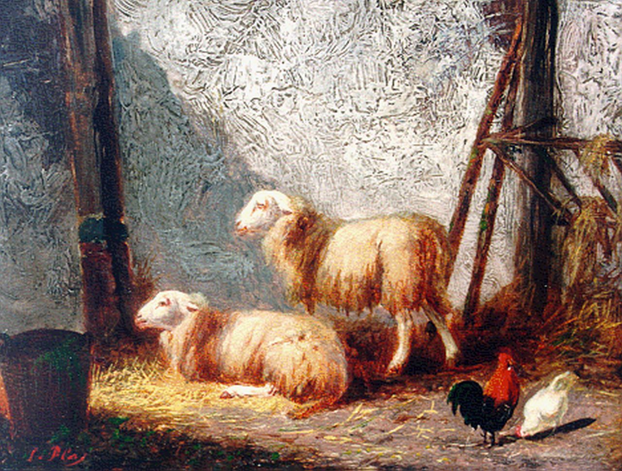 Plas L.  | Louwerencius Plas, Schapen en kippen in de stal, olieverf op paneel 11,5 x 15,4 cm, gesigneerd linksonder