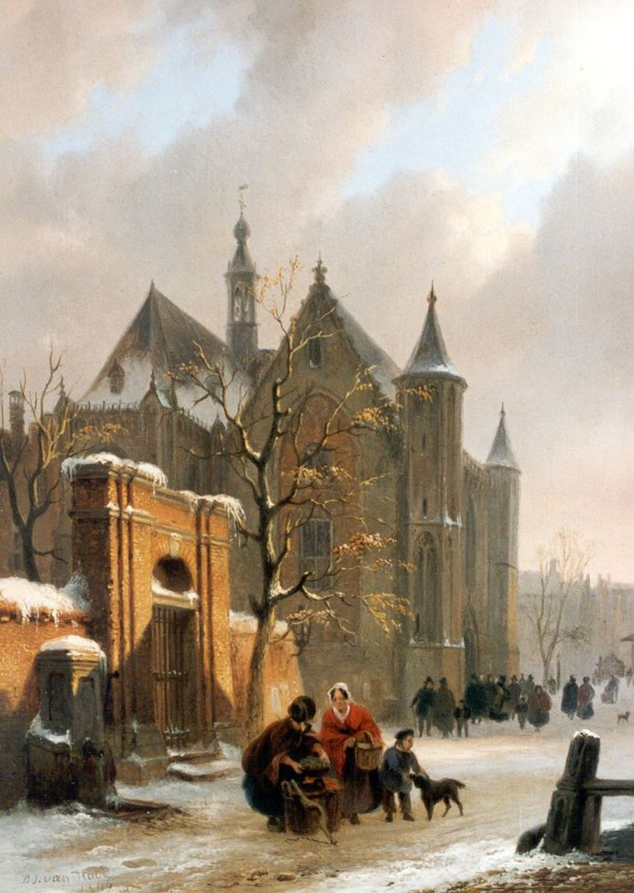 Hove B.J. van | Bartholomeus Johannes 'Bart' van Hove, Kerkuitgang bij avond, olieverf op paneel 29,7 x 21,8 cm, gesigneerd linksonder en gedateerd 1846