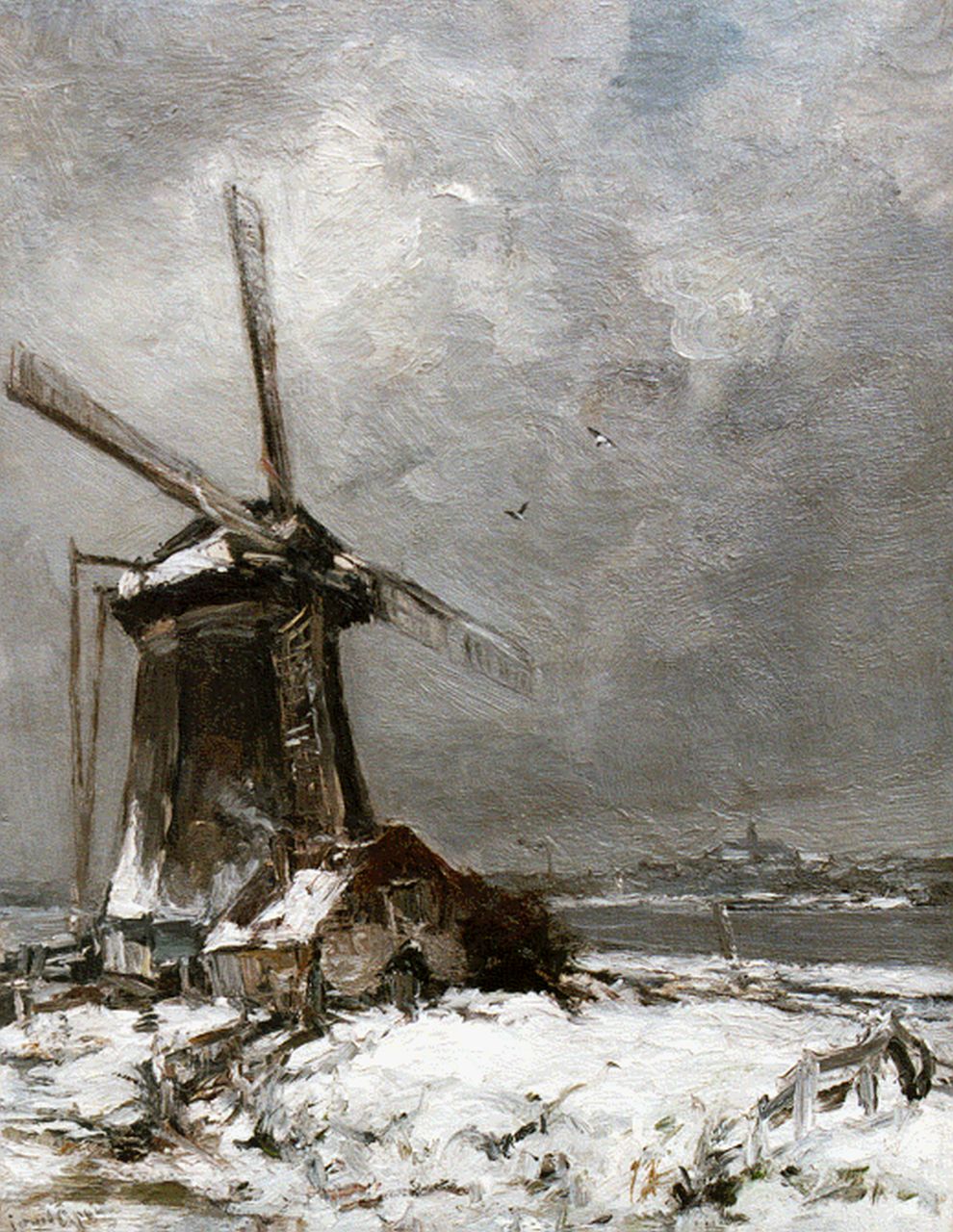 Apol L.F.H.  | Lodewijk Franciscus Hendrik 'Louis' Apol, Molen in een winterlandschap, olieverf op doek 50,2 x 39,2 cm, gesigneerd linksonder