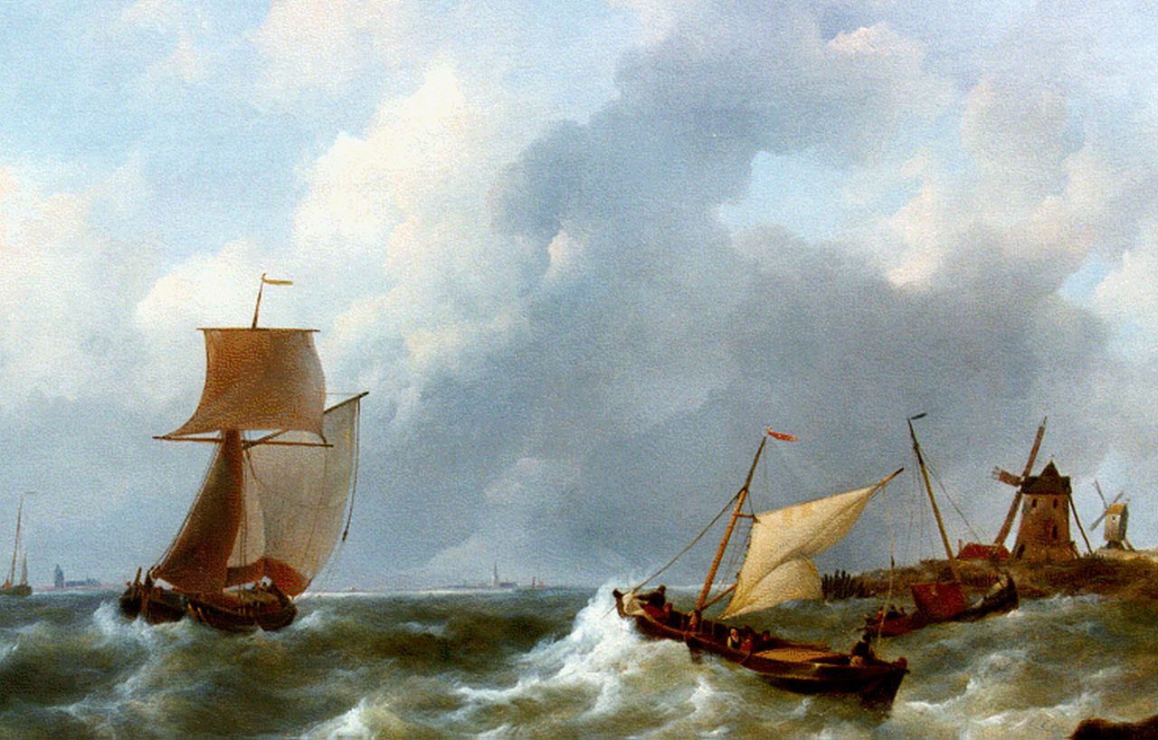 Schotel J.C.  | Johannes Christianus Schotel, Zeilschepen op woelige zee, olieverf op paneel 65,2 x 84,2 cm, gesigneerd rechtsonder