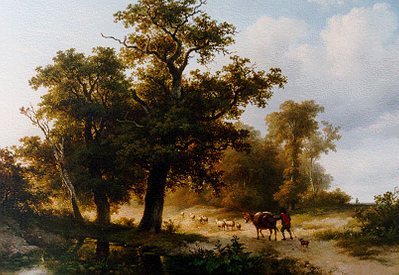 Verboeckhoven E.J.  | Eugène Joseph Verboeckhoven, Herder met zijn kudde op landweg, olieverf op paneel 26,4 x 34,8 cm