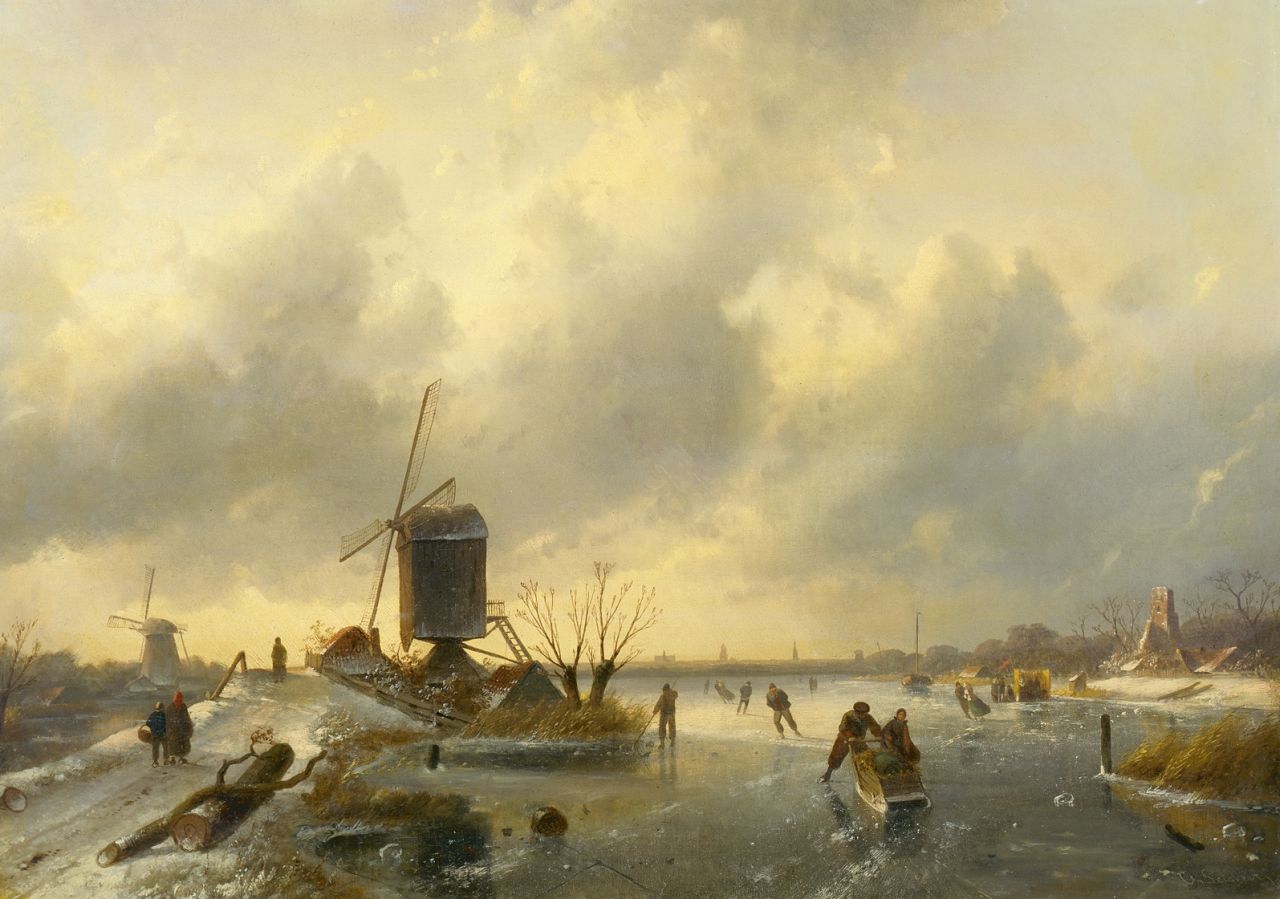 Leickert C.H.J.  | 'Charles' Henri Joseph Leickert, Schaatsers op bevroren rivier met molens, olieverf op doek op paneel 60,1 x 85,0 cm, gesigneerd rechtsonder